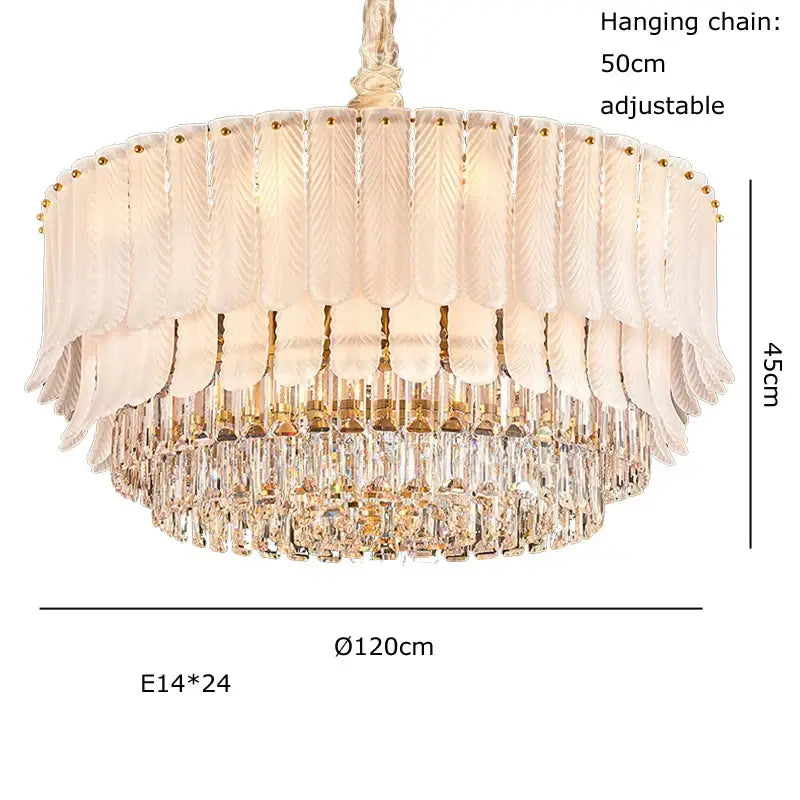 Elegant two-tiered decorbites crystal feather ceiling pendant with frosted glass shades and gold-toned chain for living room decor