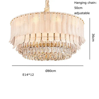 Elegant two-tiered decorbites crystal feather ceiling pendant light with cream glass shades and gold hardware for living room decor