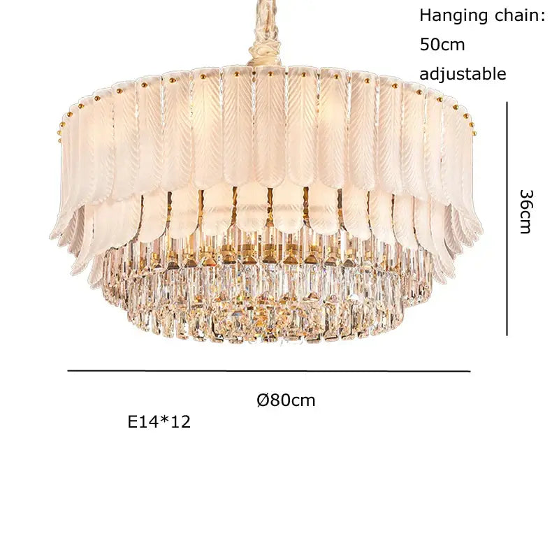 Elegant two-tiered decorbites crystal feather ceiling pendant light with cream glass shades and gold hardware for living room decor