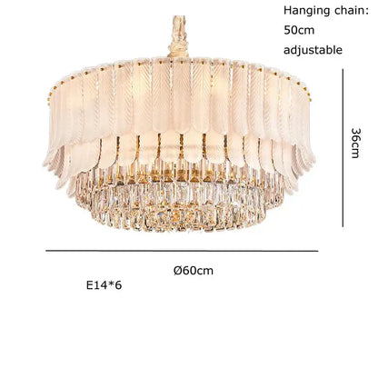 Elegant two-tiered decorbites crystal feather ceiling pendant with frosted glass shades and gold-toned frame for living room