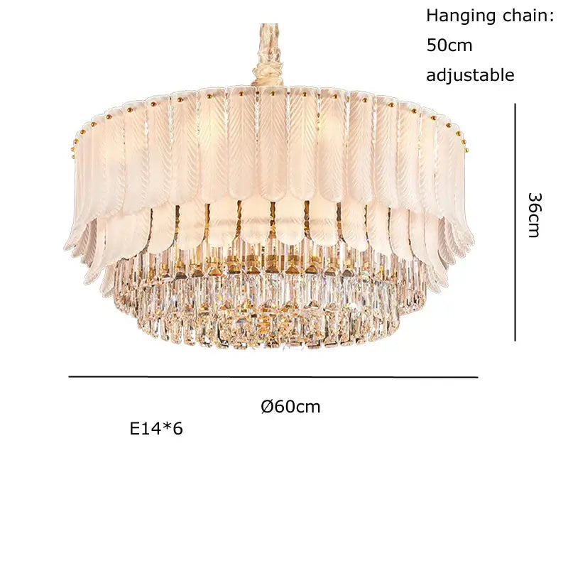 Elegant two-tiered decorbites crystal feather ceiling pendant with frosted glass shades and gold-toned frame for living room