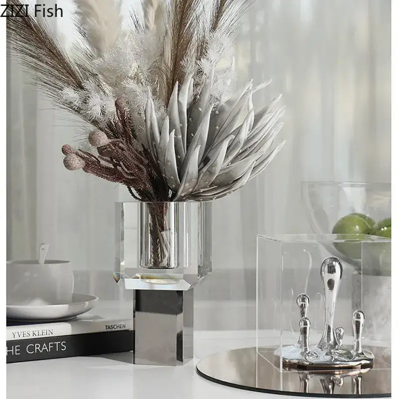 Crystal fish clear glass vase with geometric faceted design and silver metallic base for living room decor