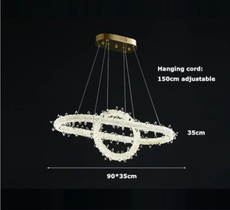 A modern crystal flower led ring chandelier with gold-toned mount and clear crystal beads for dining room decor