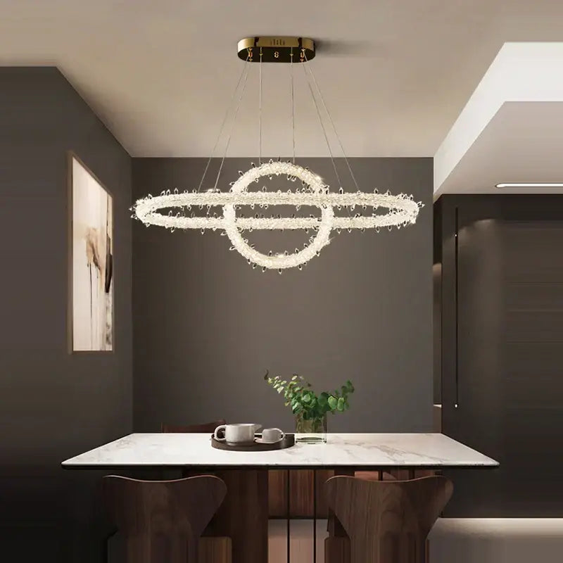 Crystal flower led ring chandelier with gold-toned ceiling mount and crystal-encrusted design for dining room decorbites crystal flower