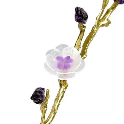 Delicate gold-toned crystal flower tree sculpture with translucent white flower purple center amethyst buds on white marble base decorbites crystal flower decor