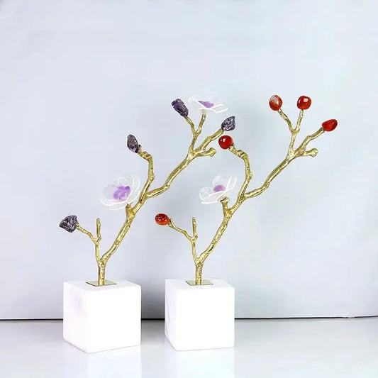 Golden branch crystal flower tree sculpture with white marble base featuring translucent flowers and gemstone accents for decorbites decor