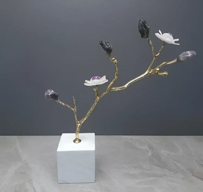Gold-toned crystal flower tree sculpture with white and purple amethyst on white marble base living room decorbites decor