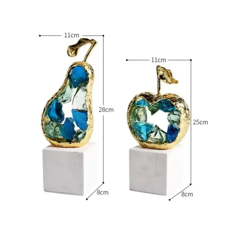 Golden-framed pear and apple crystal fruit sculpture set with blue and green glass on white marble base for living room decorbites crystal fruit