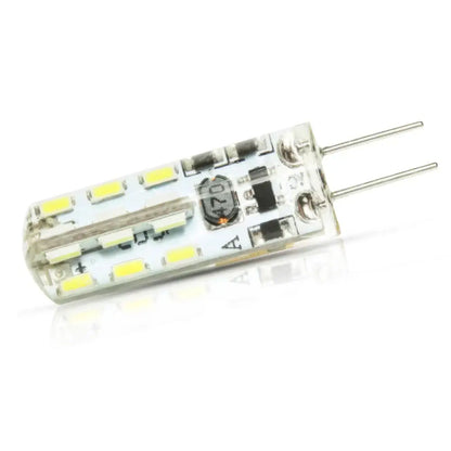Clear glass decorbites g4 led spotlight bulb with multiple yellowish leds and two metal pins for living room use