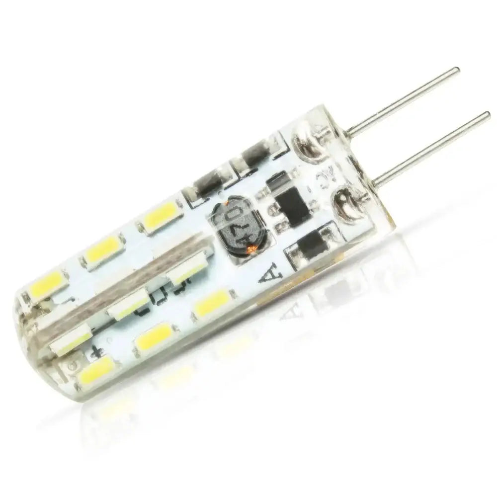Crystal g4 led spotlight bulb pack with clear glass led bulbs featuring two metallic pins and yellow diodes for living room