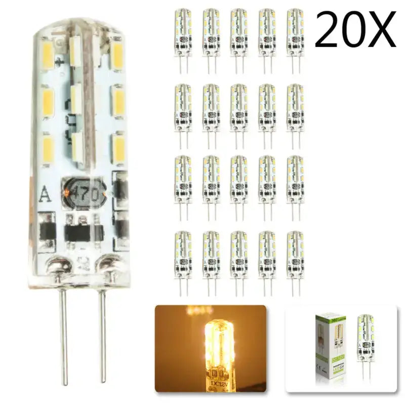 Crystal g4 clear glass led spotlight bulb pack with multiple yellowish leds and two metal pins 20 count decorbites g4 led bulbs