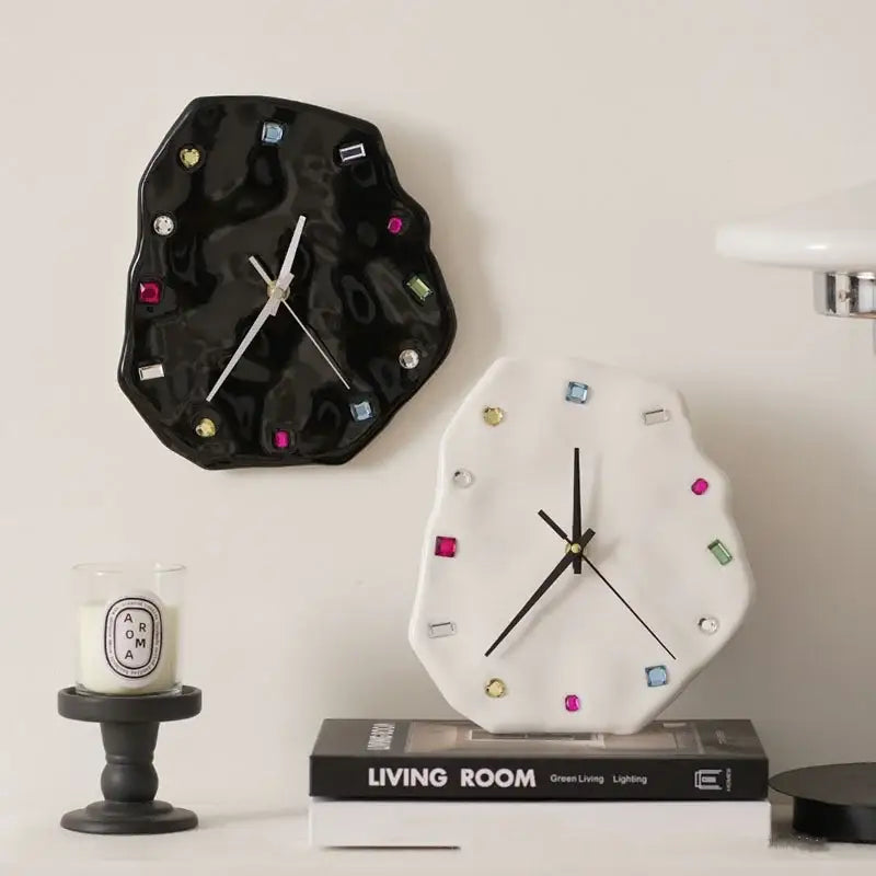 Black and white ceramic wall clock with colorful gemstone accents crystal geometric wall clock for living room decorbites decor