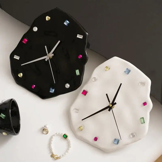 Black and white ceramic wall clock with colorful gemstone hour markers for decorbites crystal geometric wall decor