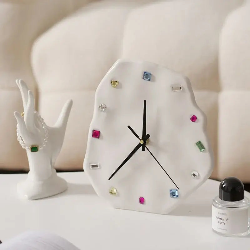 White ceramic wall clock with colorful gemstone hour markers and black hands decorbites crystal geometric wall decor