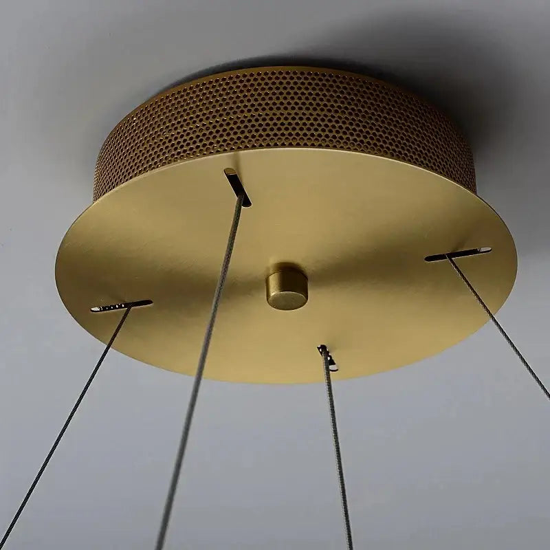 Gold-toned glass gold pendant chandelier with perforated mesh ring, minimalist decorbites crystal glass design for dining room