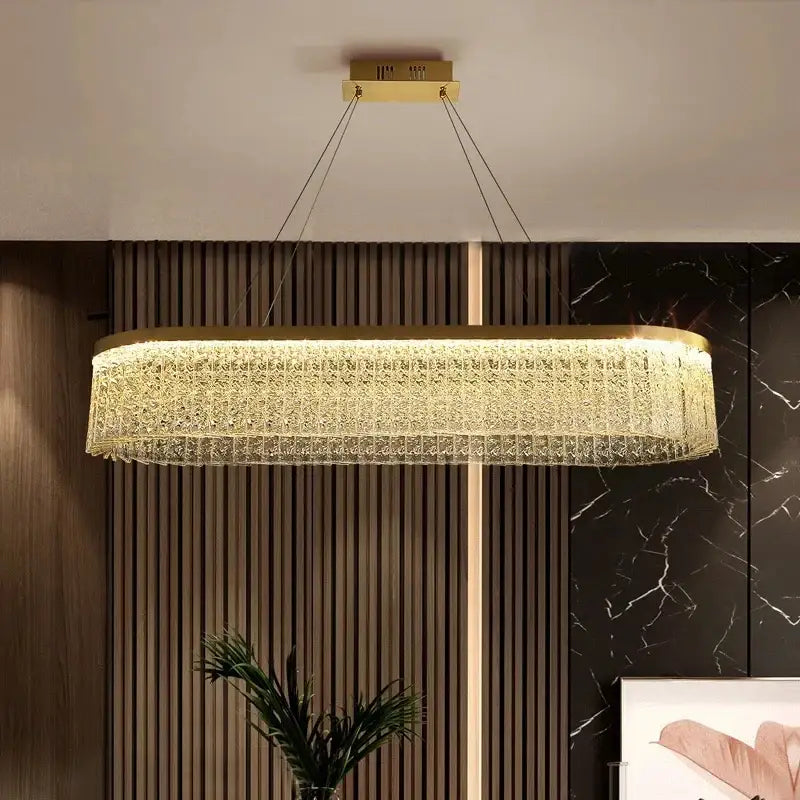 Gold-toned rectangular crystal glass gold pendant chandelier with cascading fringe for modern dining room decorbites crystal glass