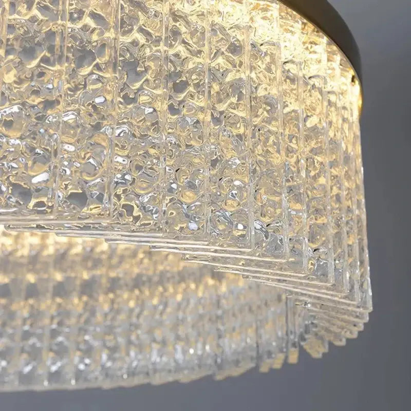 A crystal glass gold pendant chandelier with textured clear glass panels refracting light for dining room decorbites crystal glass