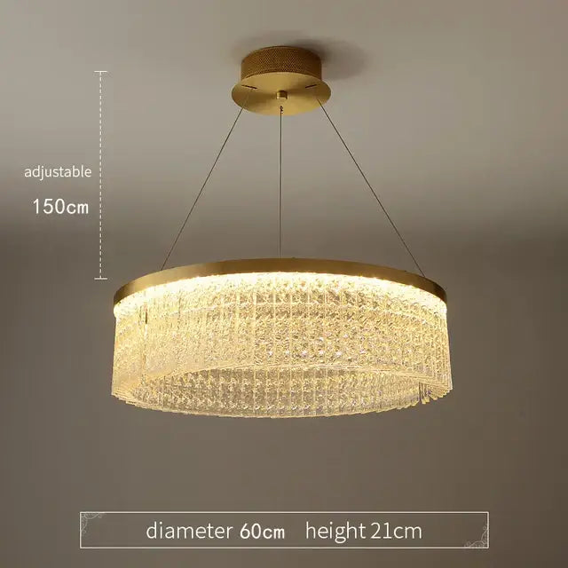 Gold-toned circular crystal glass gold pendant chandelier with two tiers of cascading strands for dining room decorbites crystal glass