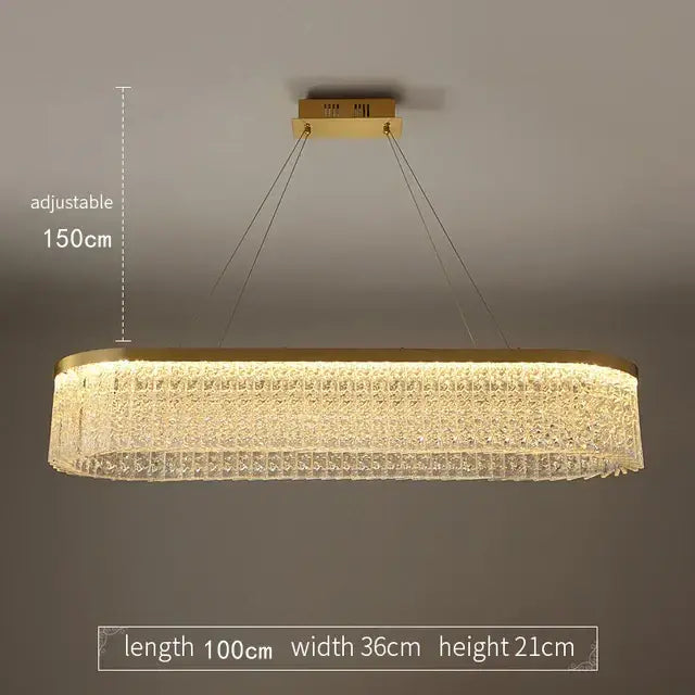 Gold-toned rectangular decorbites crystal glass pendant chandelier with cascading design and adjustable hanging length for dining room