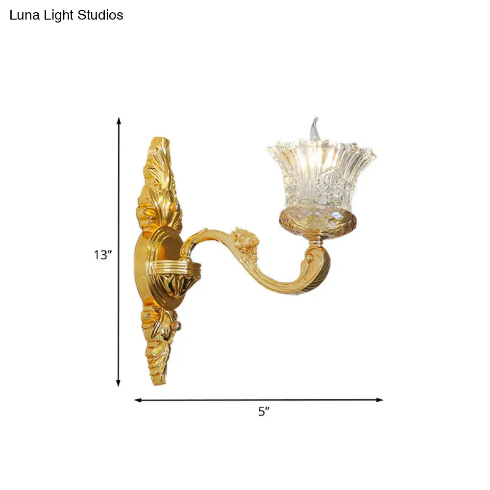 DecorBites™ Crystal Glass Sconce: Single Bulb Gold Flower Wall Light with Swooping Arm