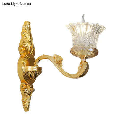 DecorBites™ Crystal Glass Sconce: Single Bulb Gold Flower Wall Light with Swooping Arm