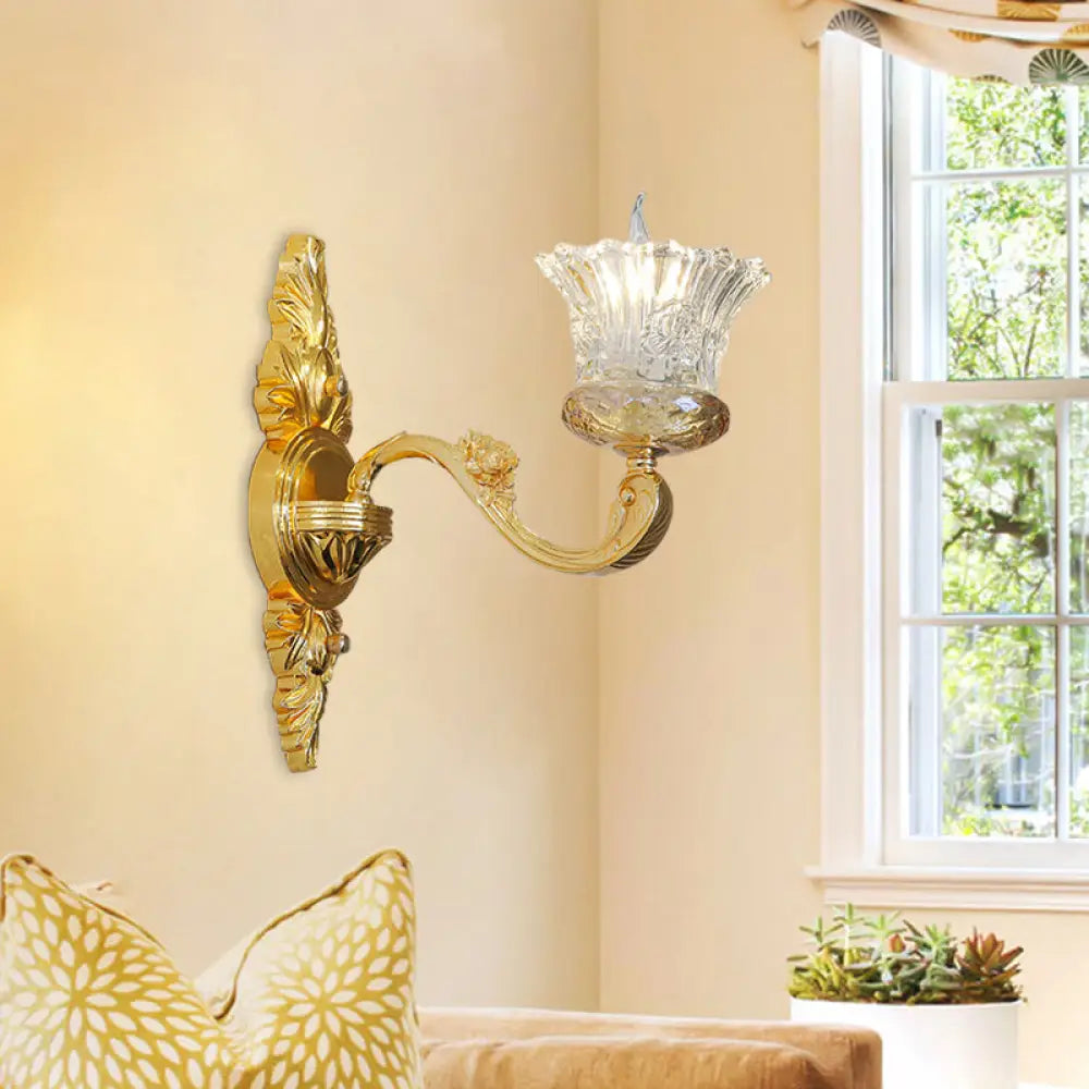 DecorBites™ Crystal Glass Sconce: Single Bulb Gold Flower Wall Light with Swooping Arm