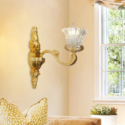 DecorBites™ Crystal Glass Sconce: Single Bulb Gold Flower Wall Light with Swooping Arm