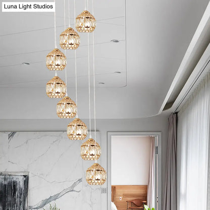 Crystal Gold Cluster Pendant Globe Hanging Lamp with Spiral Design - Modern 8-Bulb Fixture