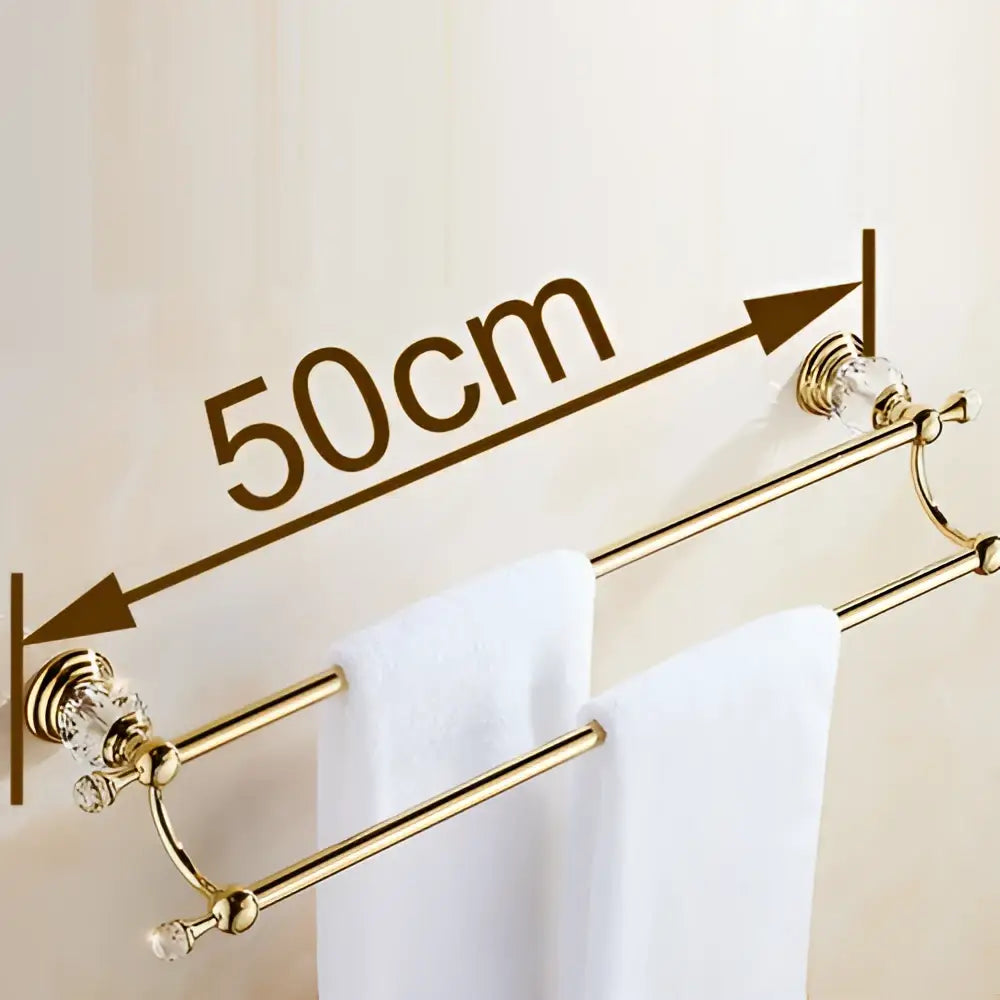 Gold-colored double towel bar with crystal accents designed as a double towel rack for bathroom use
