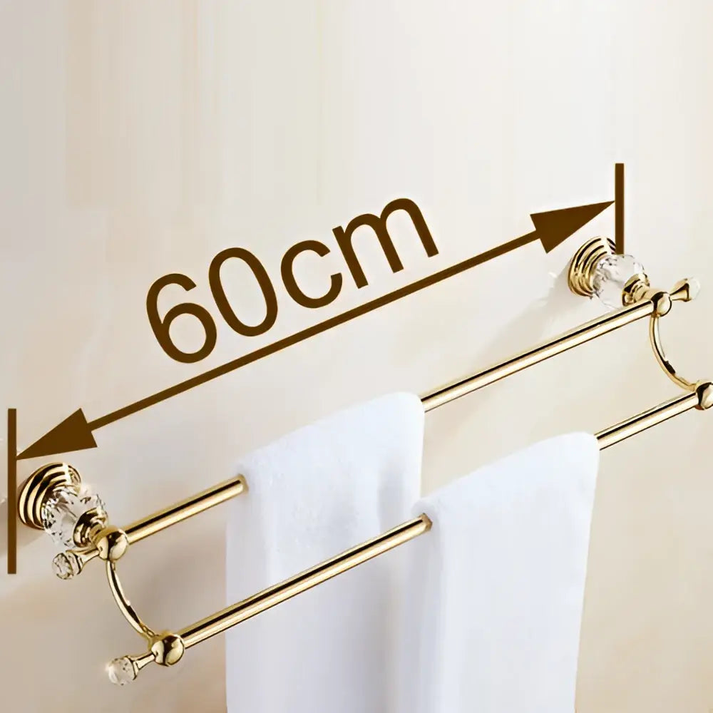 Gold-colored crystal accent double towel bar measuring 60cm ideal for bathroom towel organization