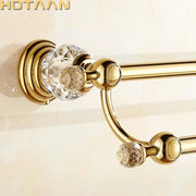 Gold finished double towel bar with crystal embellishments designed as a stylish double towel rack for bathroom use