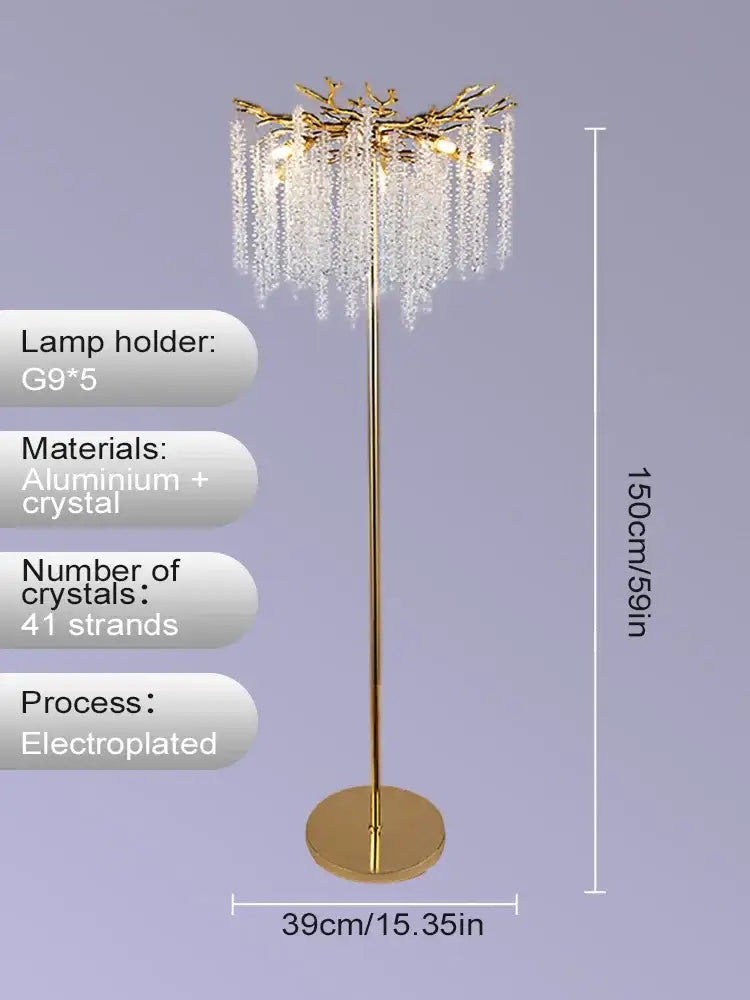 Gold electroplated floor lamp with branching tree design and cascading crystal strands decorbites crystal gold led decor