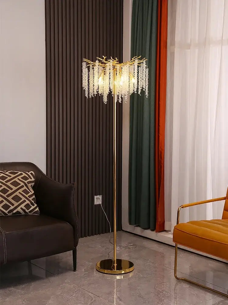 Gold-toned decorbites crystal gold led floor lamp with branching design and cascading crystal strands for living room decor