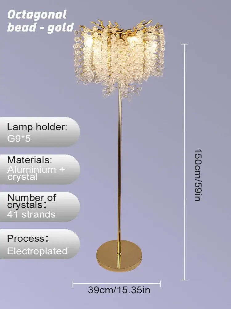 Gold electroplated floor lamp with an octagonal bead design and cascading crystal strands for decorbites crystal gold led decor