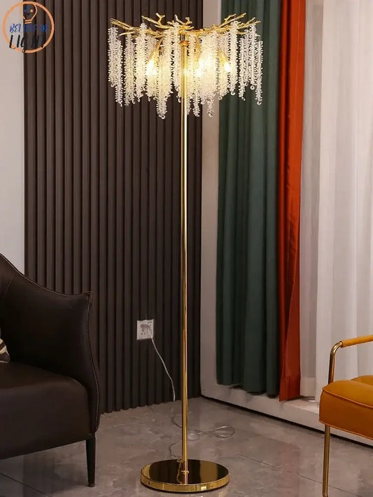 Gold-toned floor lamp with branching design and cascading crystal strands decorbites crystal gold led for living room decor