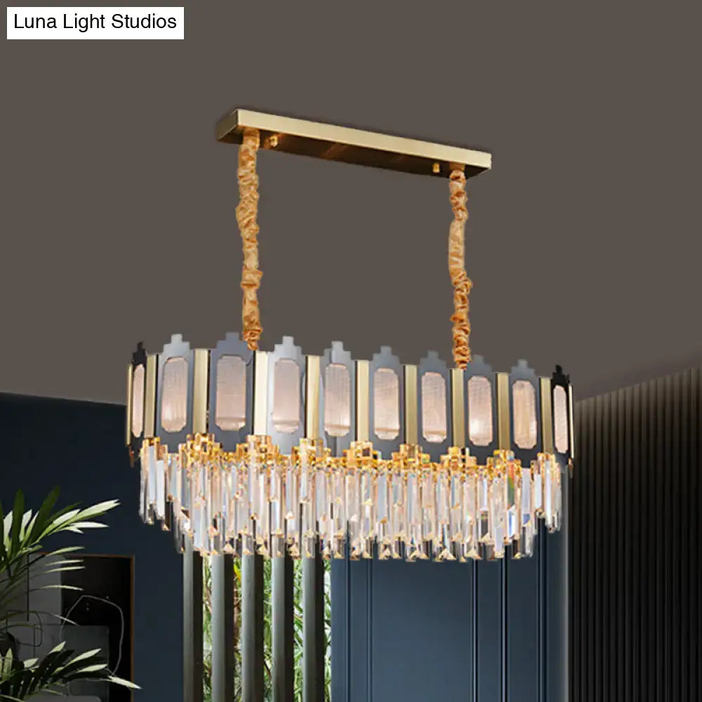 Gold-toned clear crystal island pendant with crystal droplets and frosted glass panels for dining room 110v-120v 220v-240v
