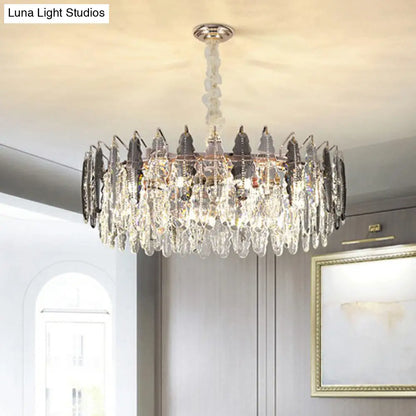 Crystal Leaf Round Ceiling Chandelier with 9 Bulbs for Modern Living Rooms