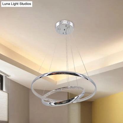 Crystal LED Minimalist Chrome Ring Chandelier for Warm/White Lighting in Living Room