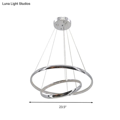 Crystal LED Minimalist Chrome Ring Chandelier for Warm/White Lighting in Living Room