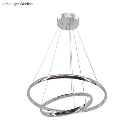 Crystal LED Minimalist Chrome Ring Chandelier for Warm/White Lighting in Living Room