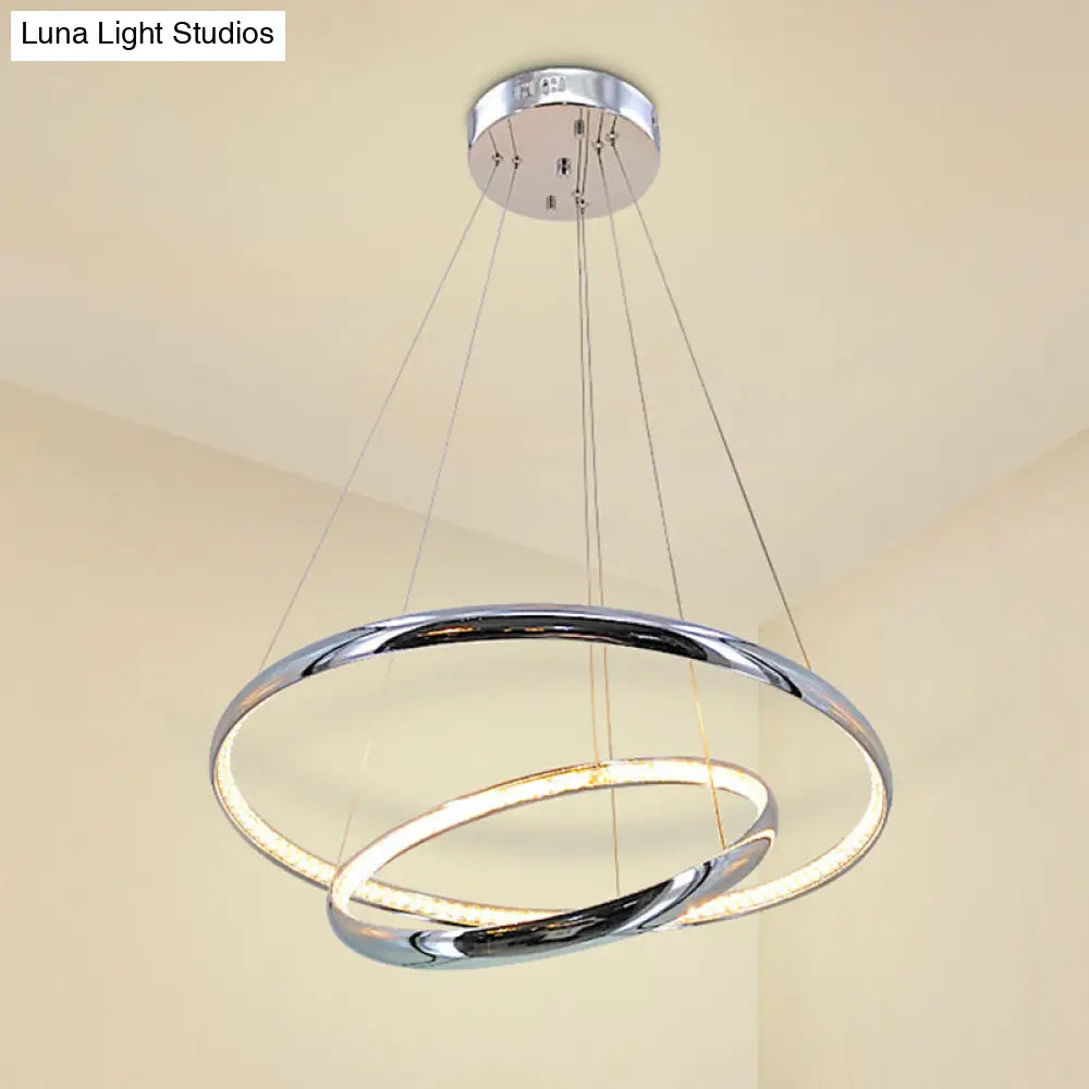 Crystal LED Minimalist Chrome Ring Chandelier for Warm/White Lighting in Living Room