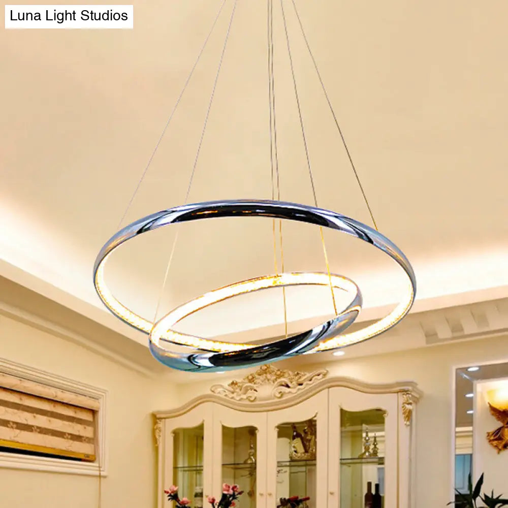 Crystal LED Minimalist Chrome Ring Chandelier for Warm/White Lighting in Living Room