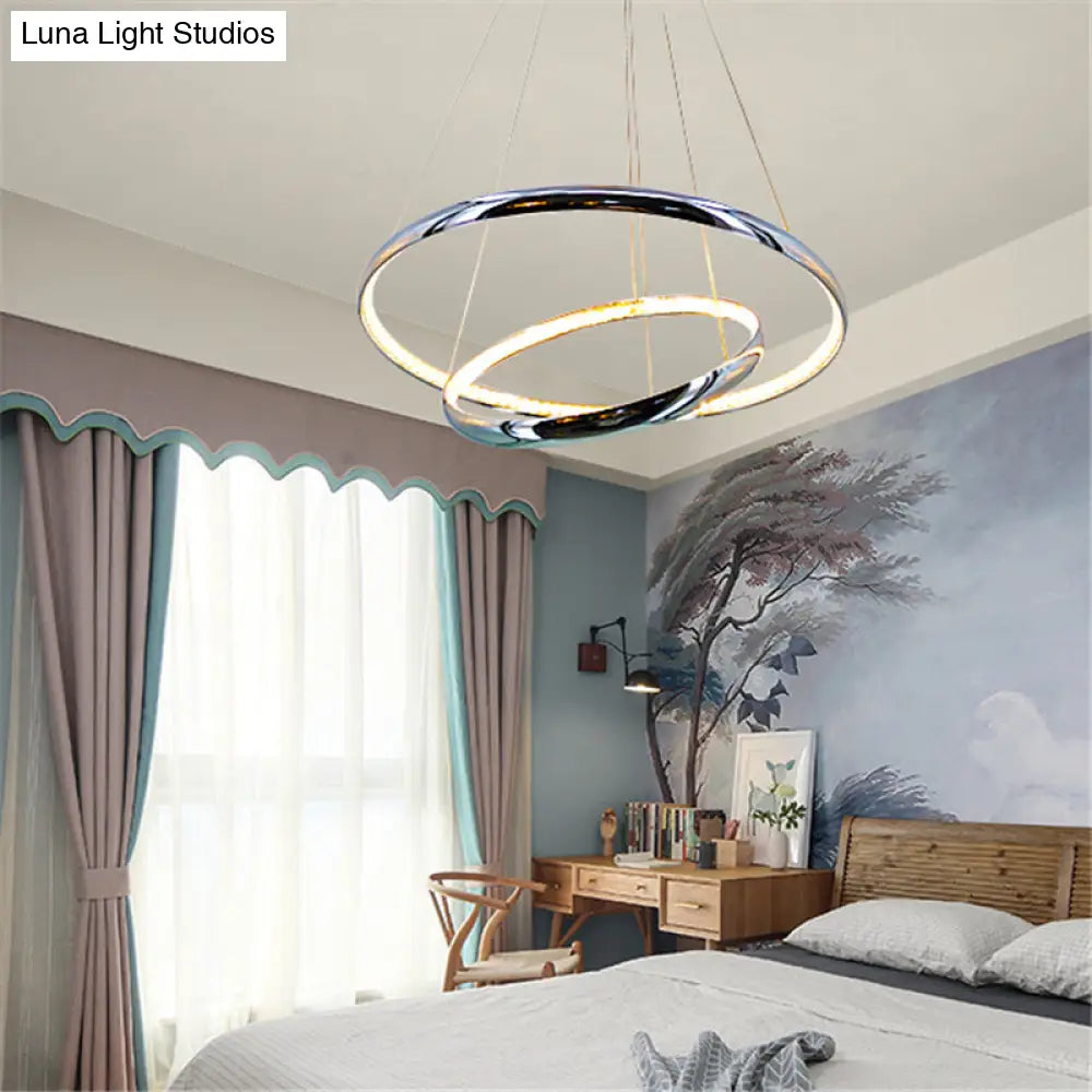 Crystal LED Minimalist Chrome Ring Chandelier for Warm/White Lighting in Living Room