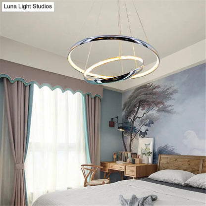 Crystal LED Minimalist Chrome Ring Chandelier for Warm/White Lighting in Living Room