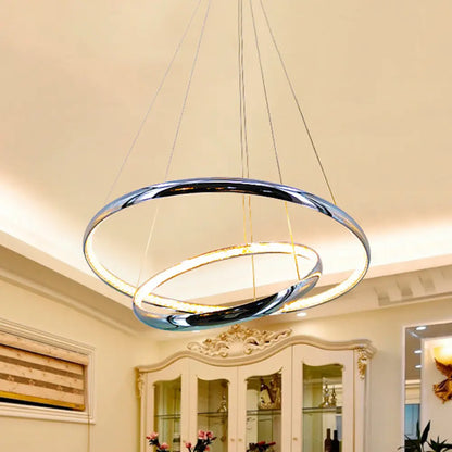 Crystal LED Minimalist Chrome Ring Chandelier for Warm/White Lighting in Living Room