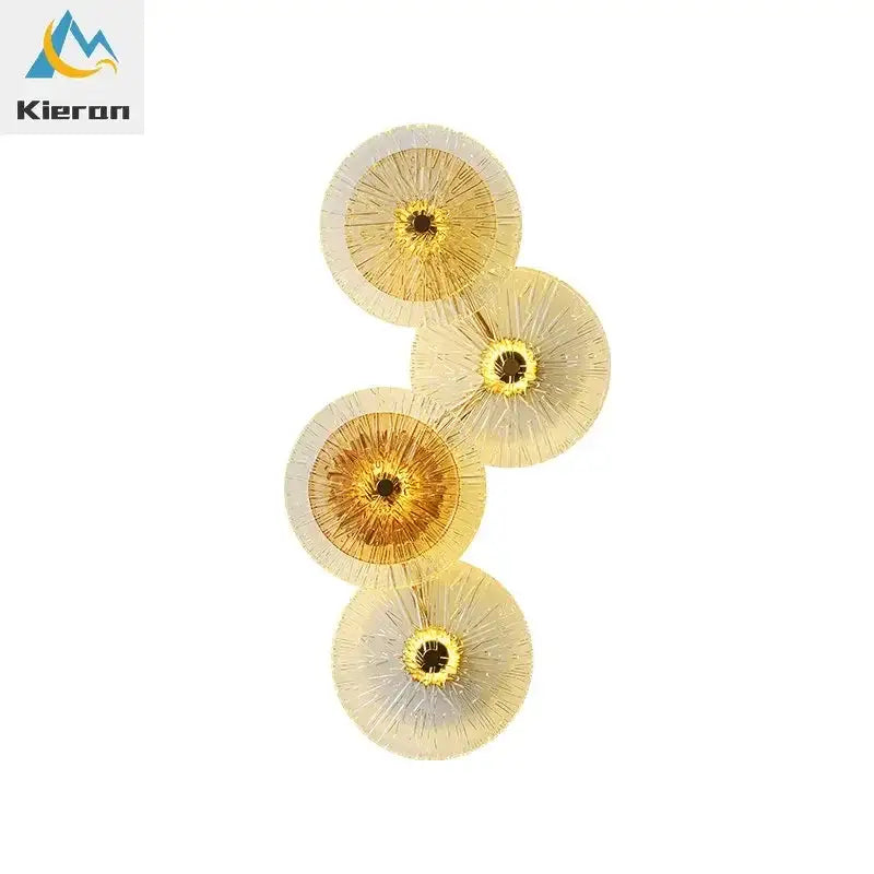 Golden circular crystal led wall lamp with textured radiating design and metallic finish for living room decorbites crystal led