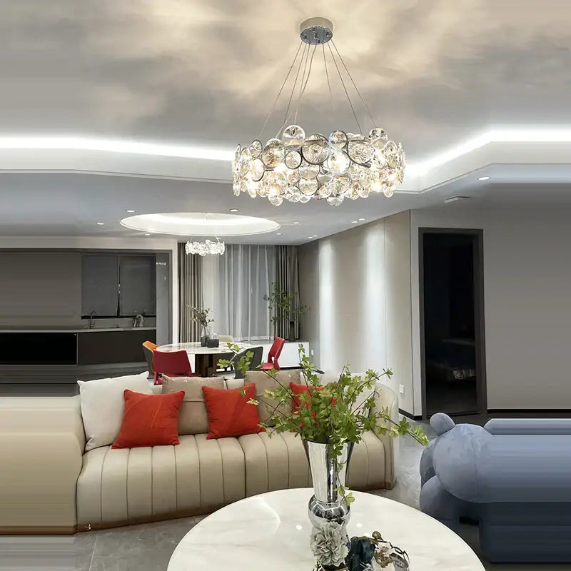 Crystal magic ring pendant light dining room crystal bubble chandelier with clear glass orbs and sleek metallic frame