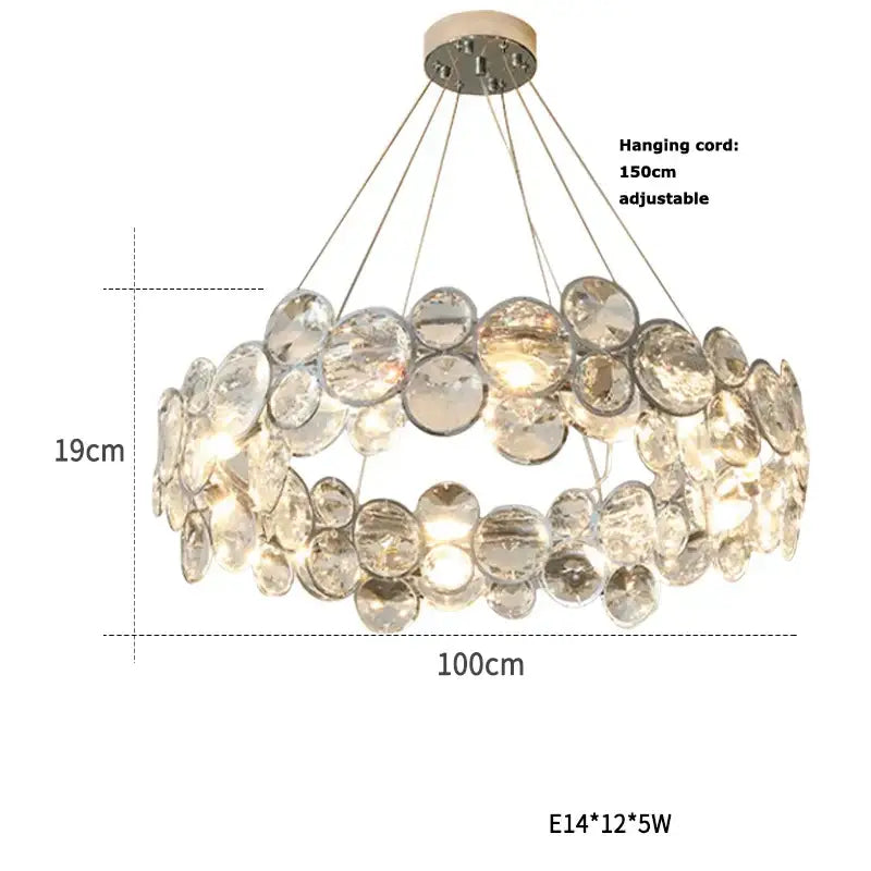 A modern crystal magic ring pendant light with clear faceted glass discs for elegant dining room decorbites crystal magic
