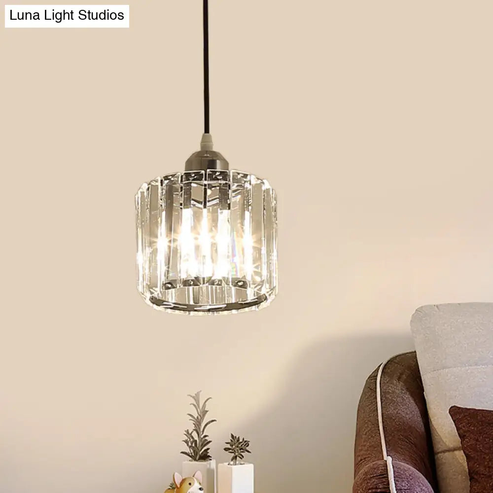 Crystal Pendulum Ceiling Pendant Light - Sleek Chrome Cylinder Design for Bedside Use