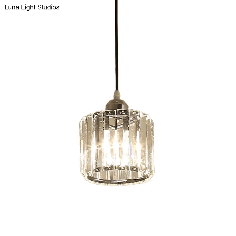 Crystal Pendulum Ceiling Pendant Light - Sleek Chrome Cylinder Design for Bedside Use